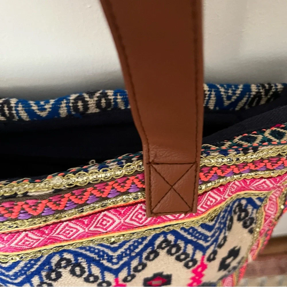 Boho Woven Tote Bag with Brown Handles - Navy, Pink & Cream